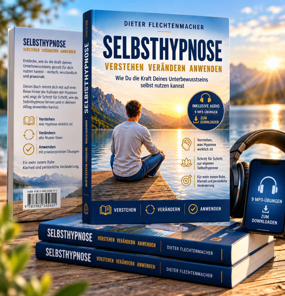 Selbsthypnose Meditierende Silhouette mit pendelnden Uhren im Hintergrund.