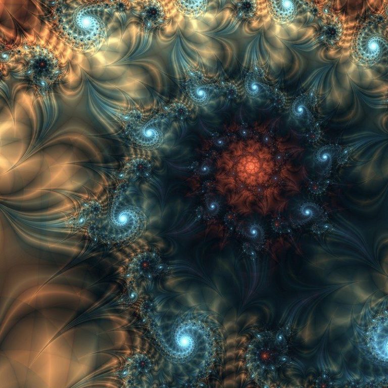 Farbige, komplexe Fraktalmuster mit spiralförmigen und wirbelnden Formen.