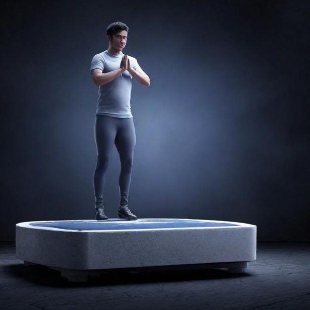 Hypnose Gewichtsreduktion Junger Mann in Sportkleidung steht in zentrierenden Pose auf einer Waage.