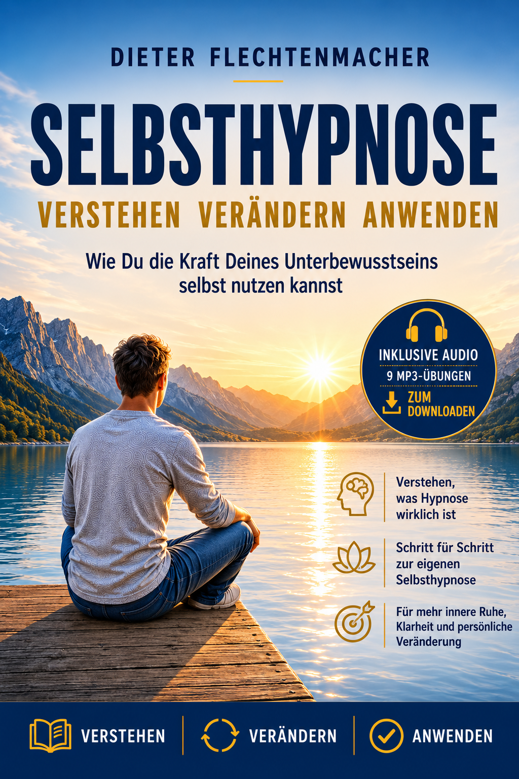 Meditierende Silhouette mit pendelnden Uhren im Hintergrund.